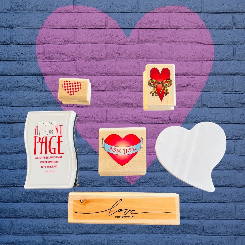Hearts Love Rubber Stamps Set 6 pc Red Ink Pad Heart Post-It Pad Valentine’s Day